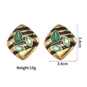 Geometric square stud earrings with malachite stones and golden striped metal base