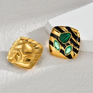 Geometric malachite square stud earrings in vintage gold plating with olive green crystals