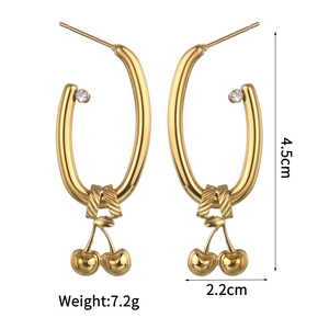 Golden cherry drop earrings featuring U-shaped hoops and size dimensions 4.5cm by 2.2cm