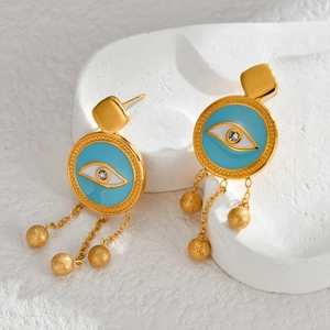 Stainless Steel Evil Eye Stud Earrings Gold Plated Enamel Rhinestone Geometric Round Tassel Chain Frosted Beads For Women