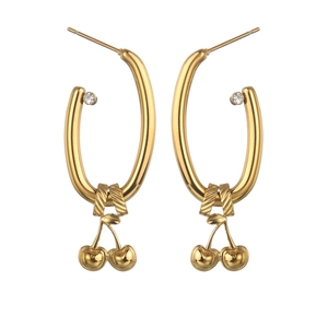 Golden geometric cherry drop earrings in stainless steel with crystal accents on white