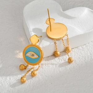 Bohemian gold plated evil eye drop earrings with blue enamel and tassel balls