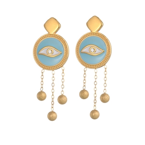 Evil eye drop earrings in gold stainless steel with blue enamel and tassel chain details