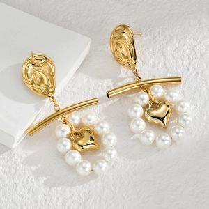 Edelstahl Herz Tropfenohrringe 18K Vergoldet Imitation Künstliche Perle Retro INS Stil Elegante Mode Schmuck Für Frauen