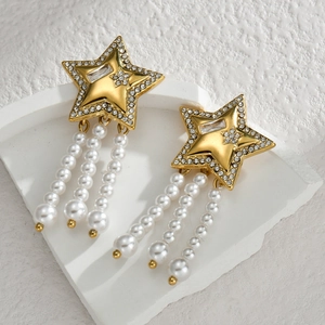 Boucles d'oreilles vintage en forme d'étoile dorée avec cristaux et pompons perles