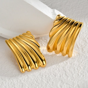 Minimalist golden stainless steel irregular square earrings with fan fold texture