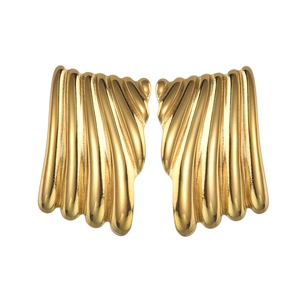 Macro shot of gold stainless steel earrings with wavy texture and irregular square design