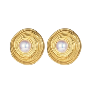 Elegant gold spiral swirl stud earrings featuring a polished white pearl center for women
