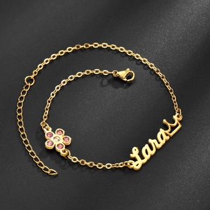 Stainless Steel Nameplate Bracelet With Crown And Flower Zirconia Charm Gold Plated Jewelry For Women