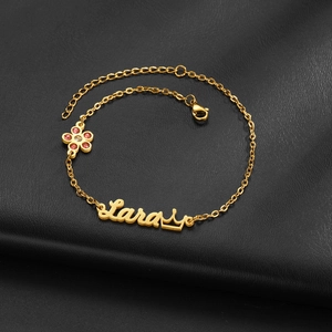 Custom 18K gold plated name bracelet with crown and pink gemstone flower charm