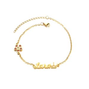 Custom 18K gold plated name bracelet with Lara pendant, crown motif and zircon flower charm