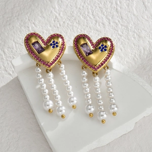 Boucles d'oreilles cœur vintage avec strass roses, étoiles bleues et pompons perles