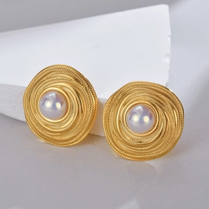 Vintage Spiral Texture Stud Earrings Stainless Steel With Gold Plating And Faux Artificial Pearl Geometric Jewelry For Women