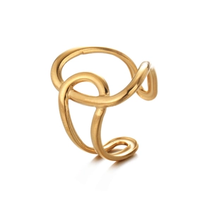 Detailed view of irregular geometric golden open ring with polished mirror finish
