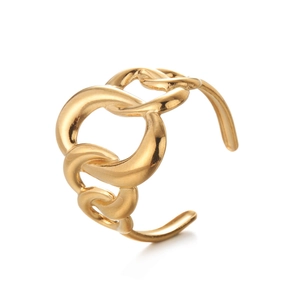 Detailed view of intertwined dual-layer gold geometric ring with adjustable opening