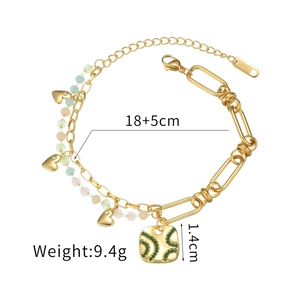 Gold layered heart bracelet with green crystal square pendant and pastel beads