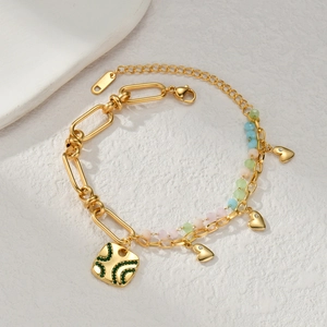Stainless Steel Gold Plated Heart Charm Bracelet With Macaron Beads Double Layer Paperclip Chain Jewelry For Women