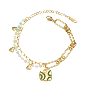 Minimalist stainless steel heart bracelet with gold plating and colorful beads
