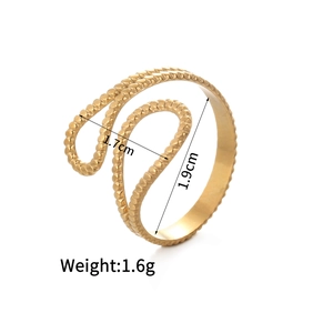 Detail view of 14K gold plated stainless steel spiral ring with size and weight specs