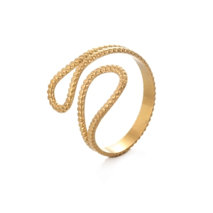 Detail of 14K gold-plated double-layer wave ring with beaded texture and polished finish