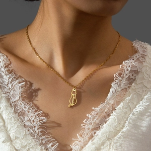 Gold stainless steel personalized Natalia name necklace with minimalist cat pendant