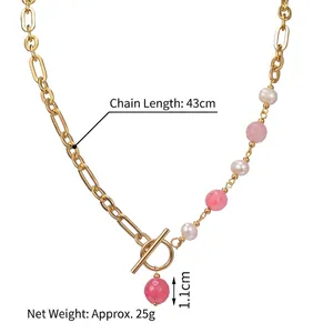 French vintage 14K gold plated necklace with pearls and pink gems, OT buckle, 43cm length