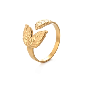 Detailed close-up of 14K gold plated stainless steel leaf ring with intricate leaf veins