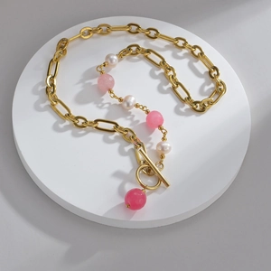 Artificial Pearl Pink Gemstone Necklace Stainless Steel Gold Plated Paperclip Chain Toggle Clasp French Retro Elegant Jewelry Women