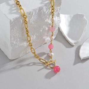 French vintage 14K gold plated stainless steel pearl necklace with pink beads and OT buckle
