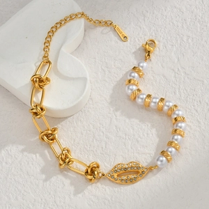Minimalist stainless steel half pearl half chain bracelet with diamond lip pendant