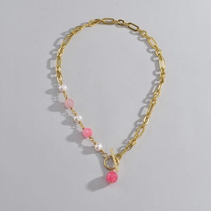 French vintage 14K gold plated stainless steel necklace with pearls and pink crystals