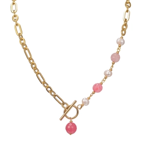 French vintage 14K gold plated necklace with pearls and pink stones on white background