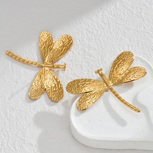 French vintage 18K gold dragonfly earrings with hammered texture for women