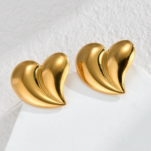 Polished 18k gold plated stainless steel heart stud earrings with textured fold design