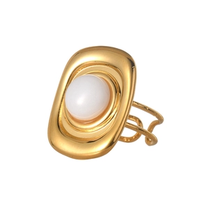 Modern gold plated stainless steel square ring with central white moonstone pearl