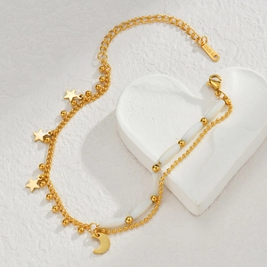 Double Layer Bracelet Stainless Steel White Shell Beads Star Moon Charms Gold Tone Minimalist Niche Jewelry For Women
