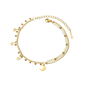 Double-layered stainless steel star and moon bracelet with gold beads and white charms
