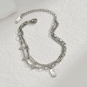 Bracelet double couche en acier inoxydable argenté avec breloques étoiles sur pierre blanche