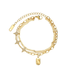 Bracelet multicouche en acier inoxydable doré avec étoiles et pendentifs en strass