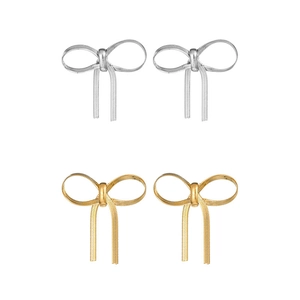 Minimalist metallic bow earrings with snake chain texture in gold and silver finishes