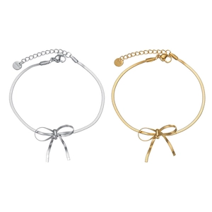 Minimalist stainless steel bow charm bracelet set in gold and silver finish