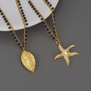 Double Layer Necklace Stainless Steel 18K Gold Plated Black Bead Starfish Leaf Pendant Jewelry For Women