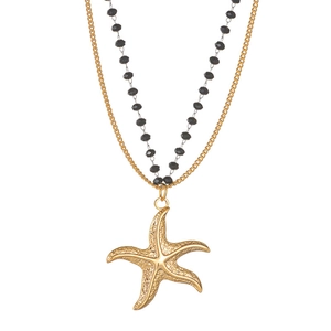 Double-layer 18k gold starfish pendant necklace with black beads on a white background