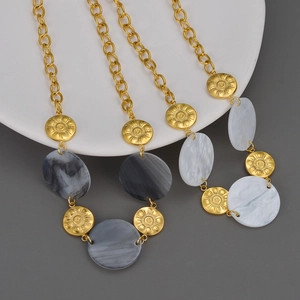 Round Pendant Necklace And Bracelet Stainless Steel Gold Plated Sunray Engraved Marble Texture Boho Jewelry For Women