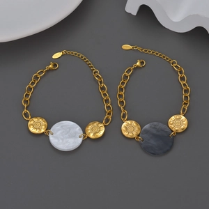 Bohemian gold stainless steel bracelets with white and grey marble charms and sun pattern