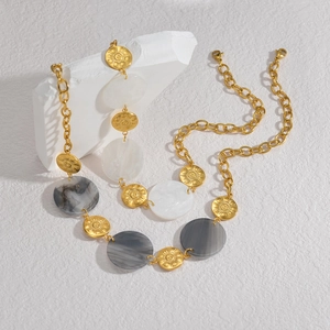 Geometric stainless steel necklaces with sun texture charms and marble resin stones