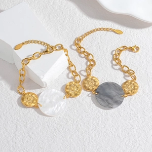 Gold stainless steel geometric chain bracelet with marble texture sunburst pendants