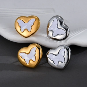 Heart Butterfly Stud Earrings Stainless Steel With White Shell Inlay Minimalist Fashion Jewelry For Women