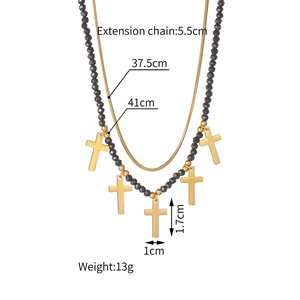 Detailed size specifications for double-layer gold necklace with black beads and crosses