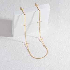 Minimalist 18k gold plated stainless steel long necklace with multiple cross pendants